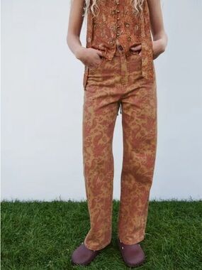 Zara Rust Paisley Straight-Leg Pants